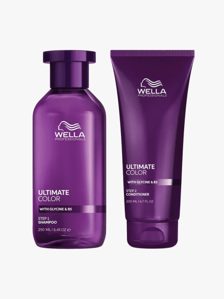 Wella Ultimate Color Shampoo and Conditioner in branded components on a light gray background