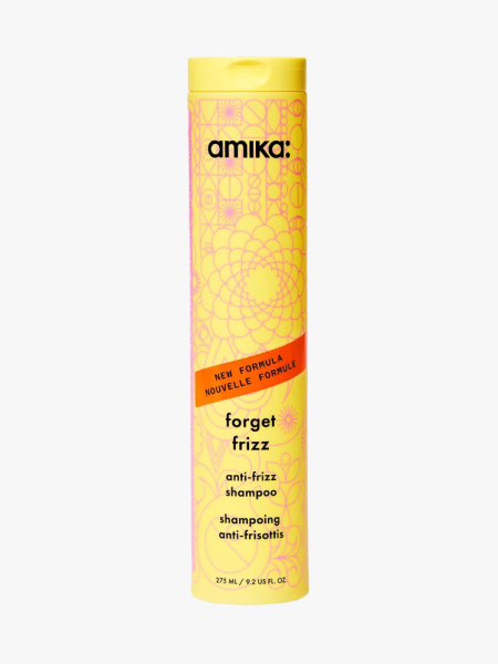 Amika Forget Frizz Anti-Frizz Shampoo in branded component on a light gray background
