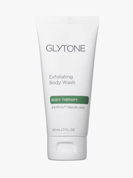 Glytone Exfoliating Body Wash in branded tube component on a light gray background