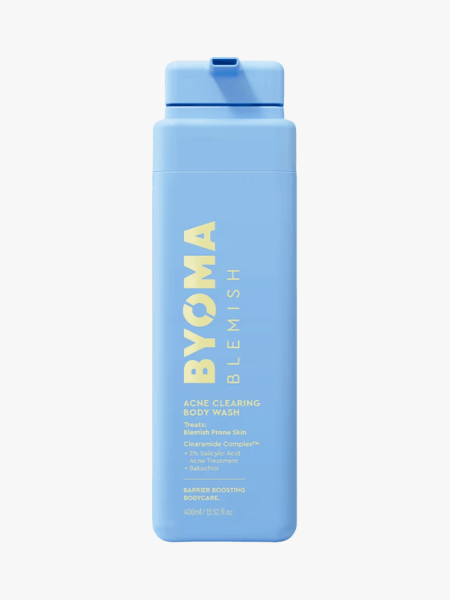 Byoma Blemish Acne Clearing Body Wash in branded component on a light gray background